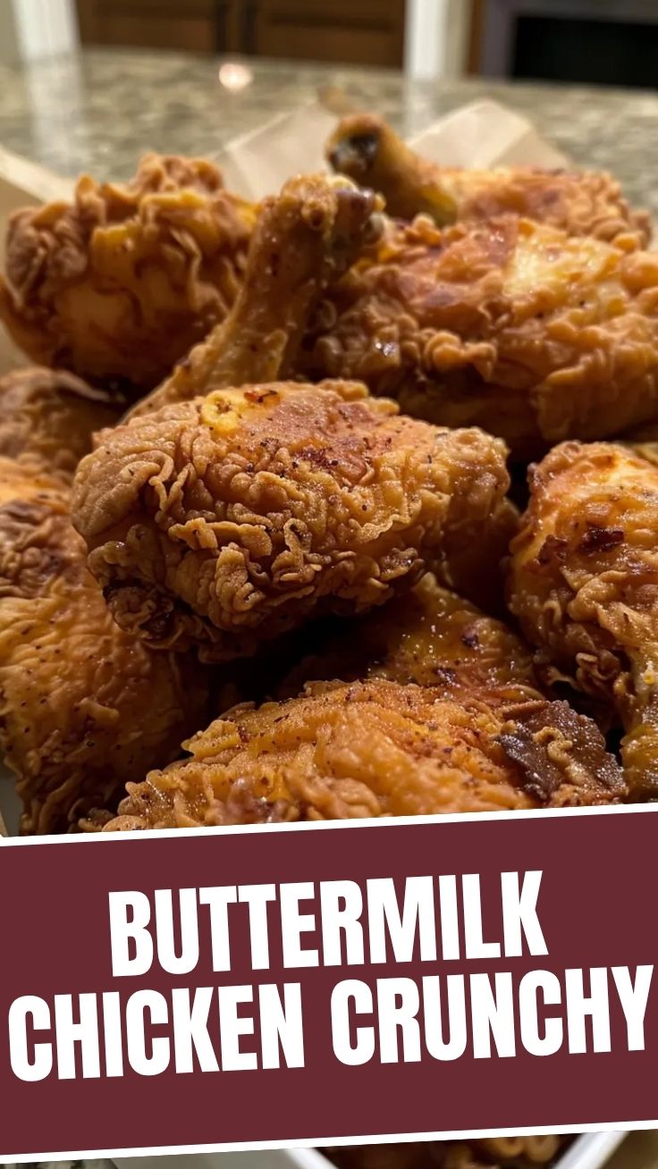 A plate of golden-brown buttermilk fried chicken pieces, perfectly crispy.