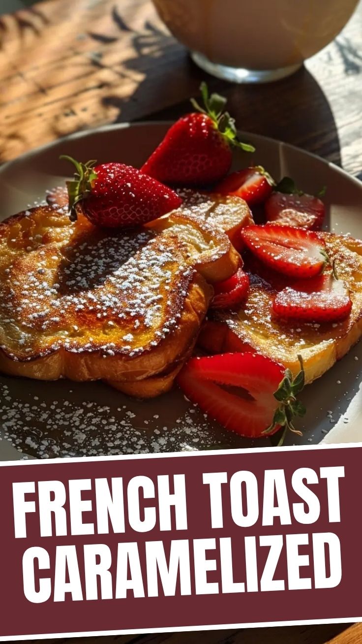 A stack of golden french toast drizzled with syrup and topped with berries.