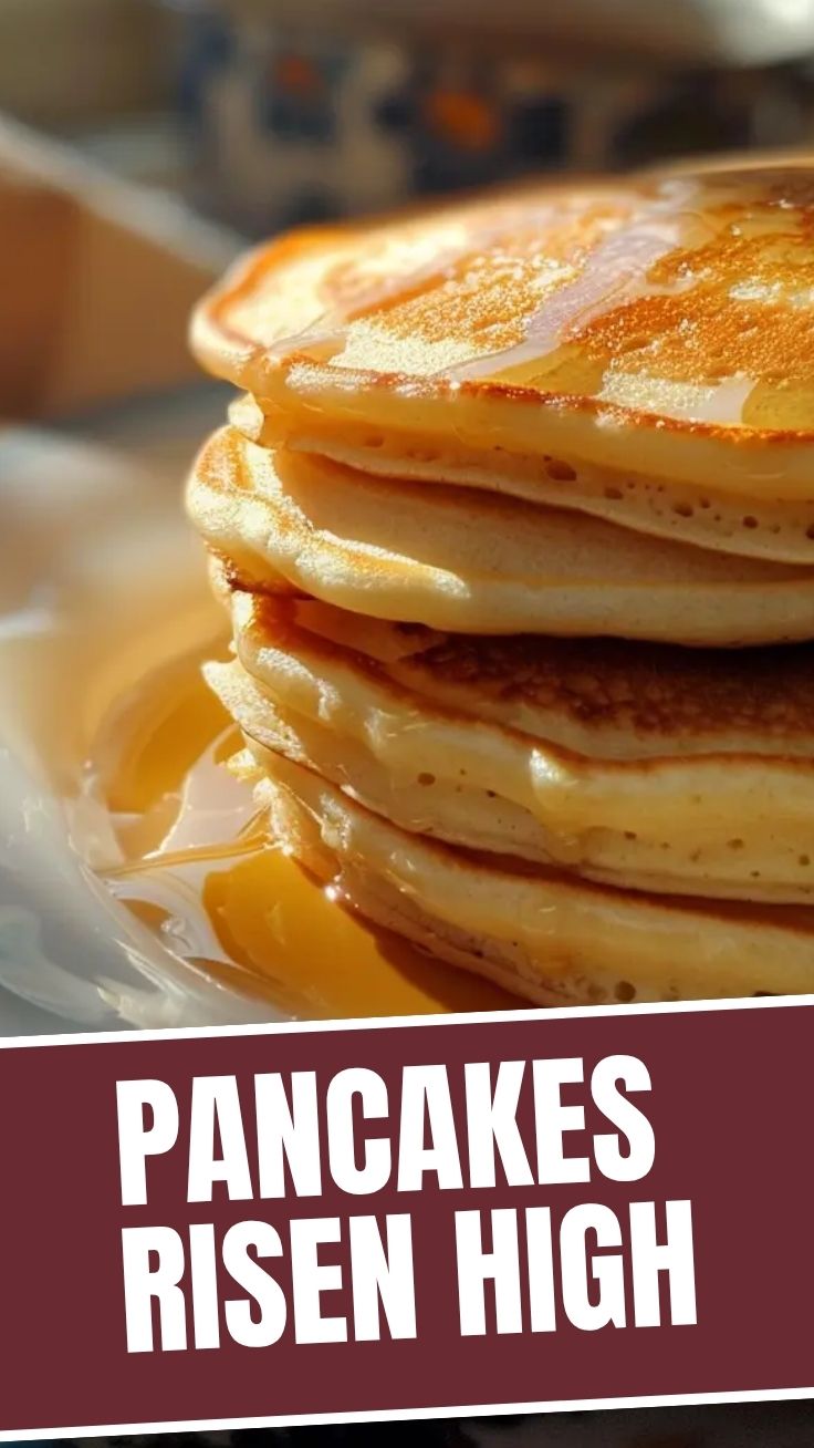 A stack of perfectly golden fluffy pancakes drizzled with syrup.
