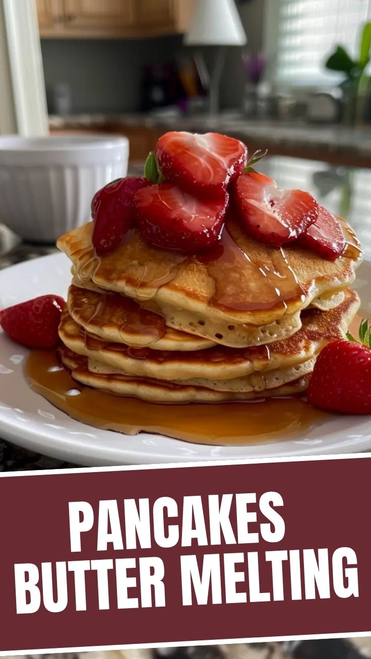 A stack of fluffy pancakes drizzled with syrup and berries on a white plate.