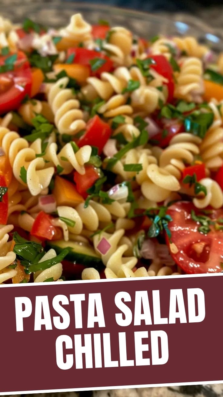 A bowl of fresh pasta salad with colorful vegetables