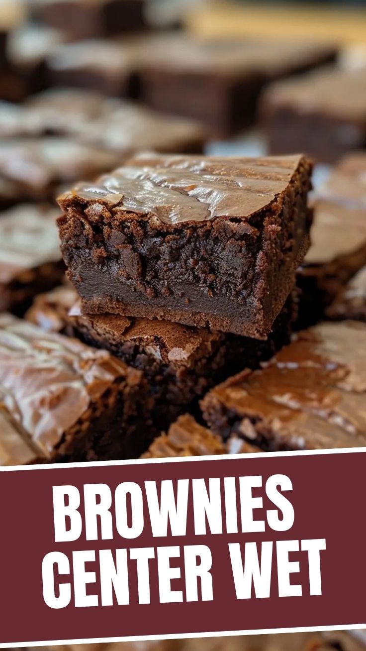 A close-up of rich, dark fudgy brownies with a crinkly top