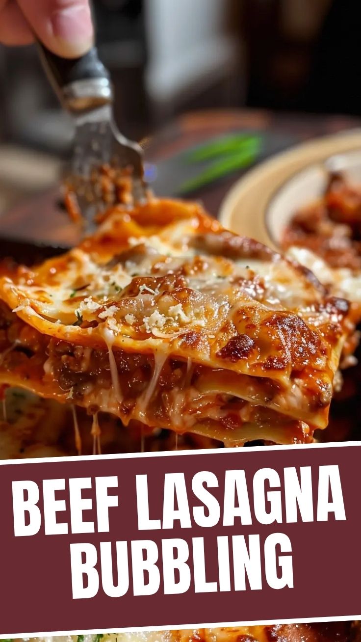 A freshly baked tray of savory beef lasagna with melted cheese on top