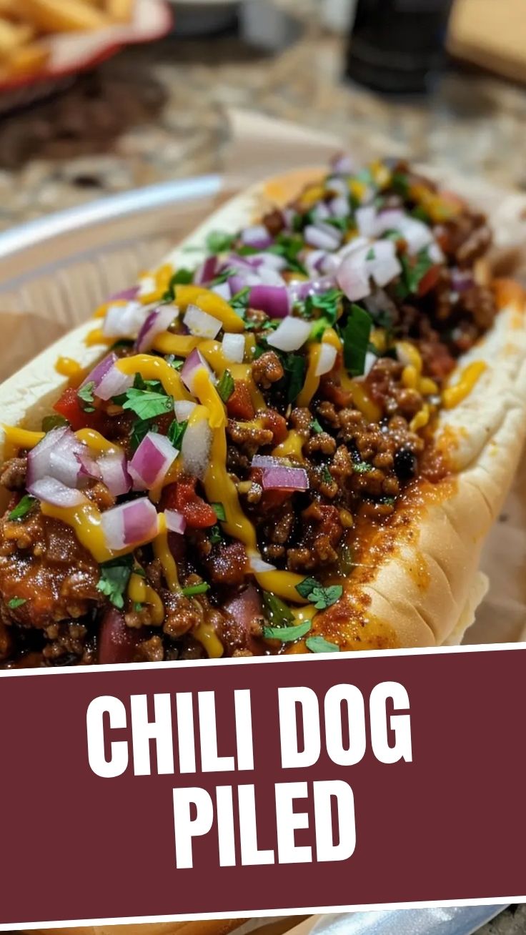 A classic chili dog loaded with toppings and rich sauce