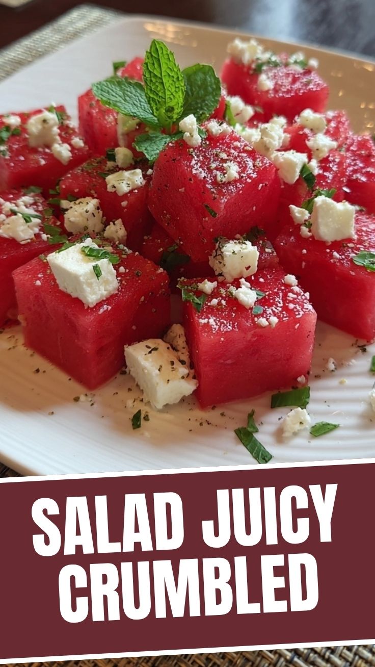 A vibrant watermelon feta salad with mint leaves on a white plate