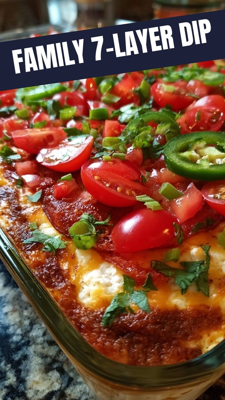 A vibrant 7-layer dip prepared in a clear glass dish, showing all colorful layers.