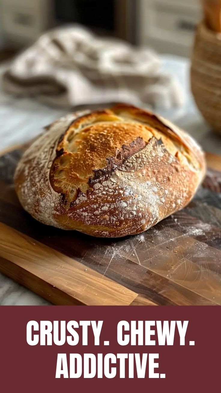 A close-up of a freshly baked sourdough bread with a crispy crust.