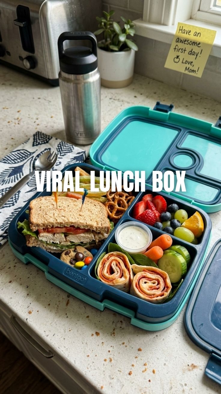 Bento box with chicken, veggies, crackers, and fruit