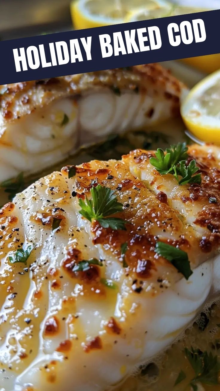 Baked Cod with Lemon Butter on a serving plate