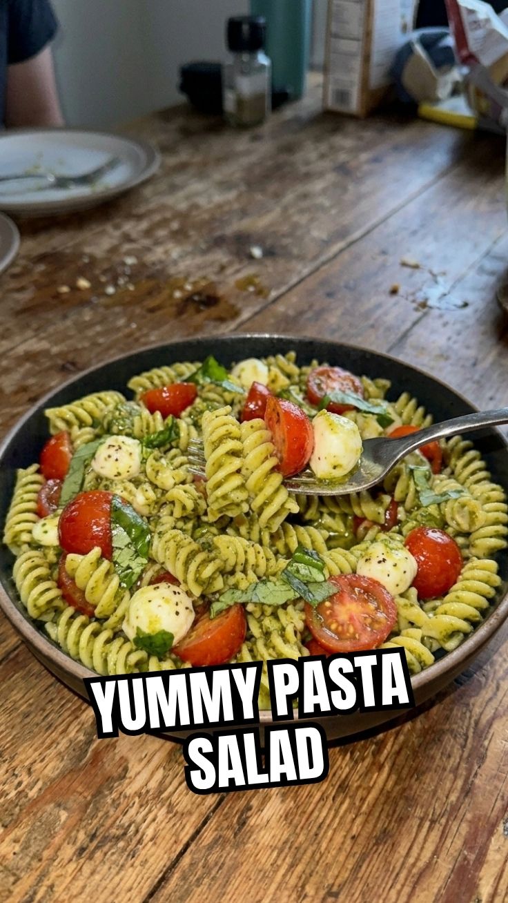 Fresh caprese pasta salad in a bowl
