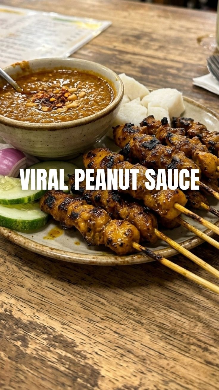 Chicken Satay with Peanut Sauce on skewers with dipping bowl
