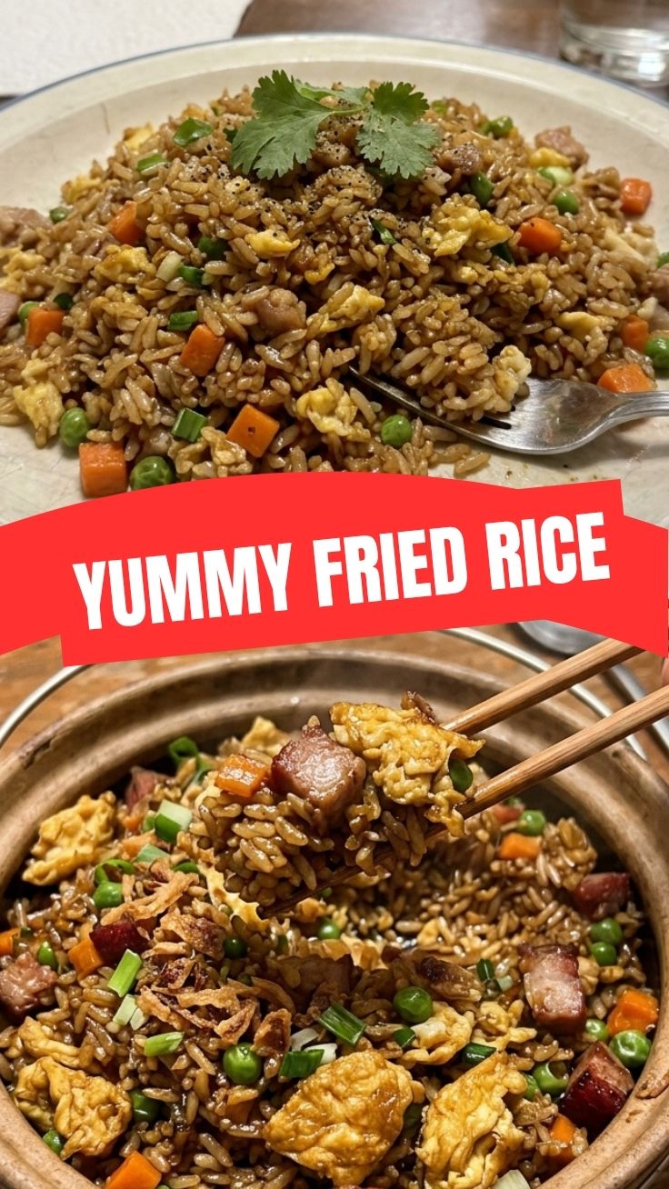 A steaming bowl of classic fried rice with egg, peas, and carrots