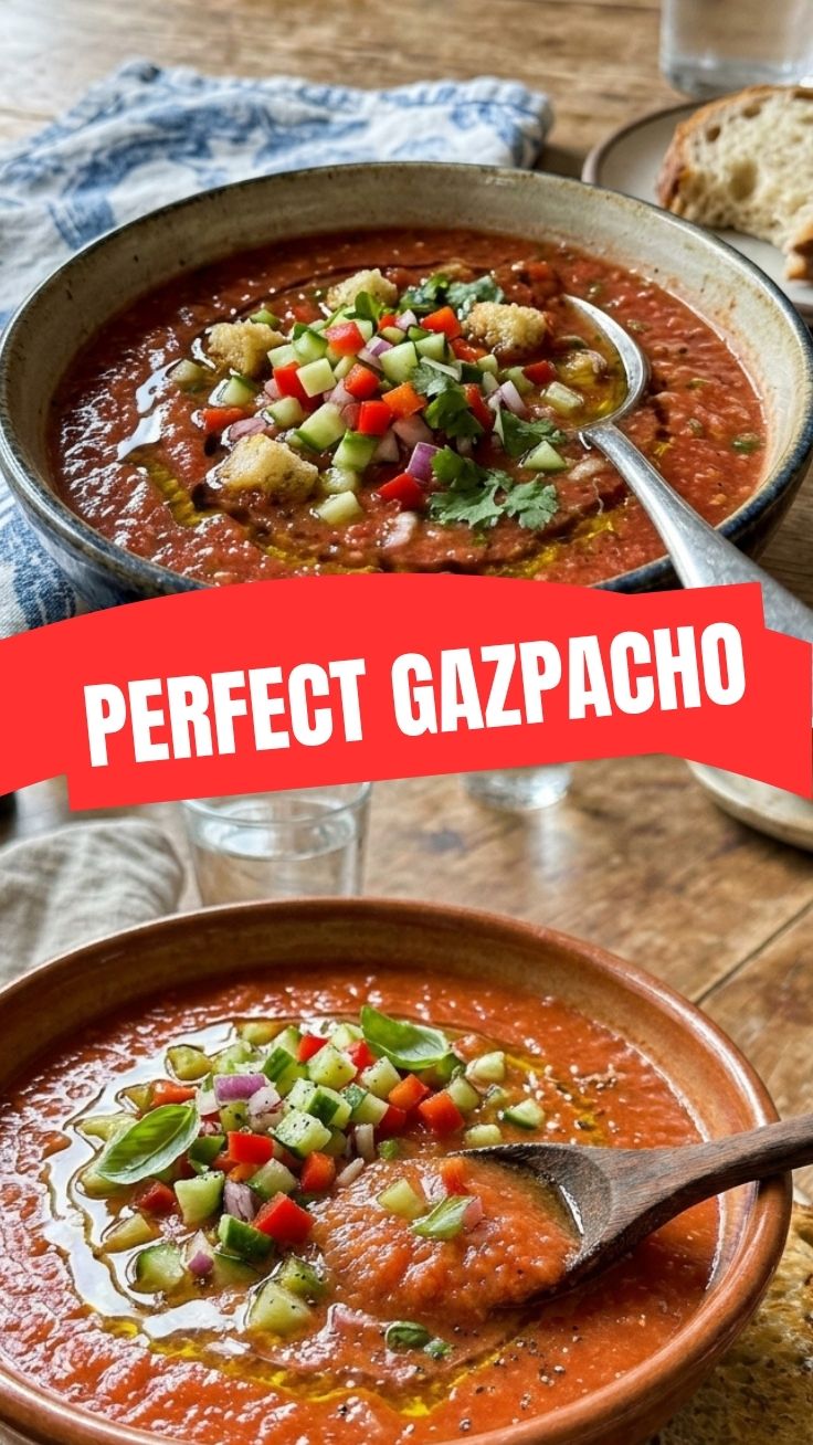 Classic gazpacho served in a chilled bowl with garnish