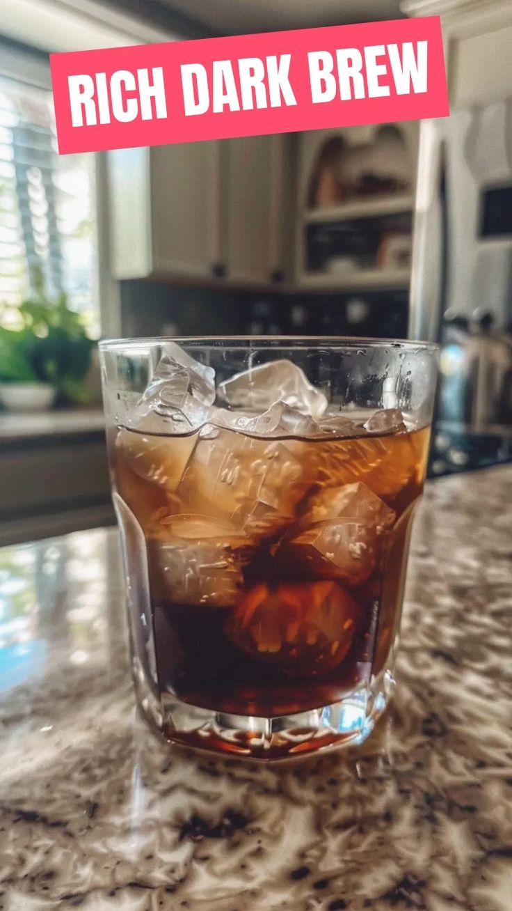 A glass of cold brew coffee with ice cubes