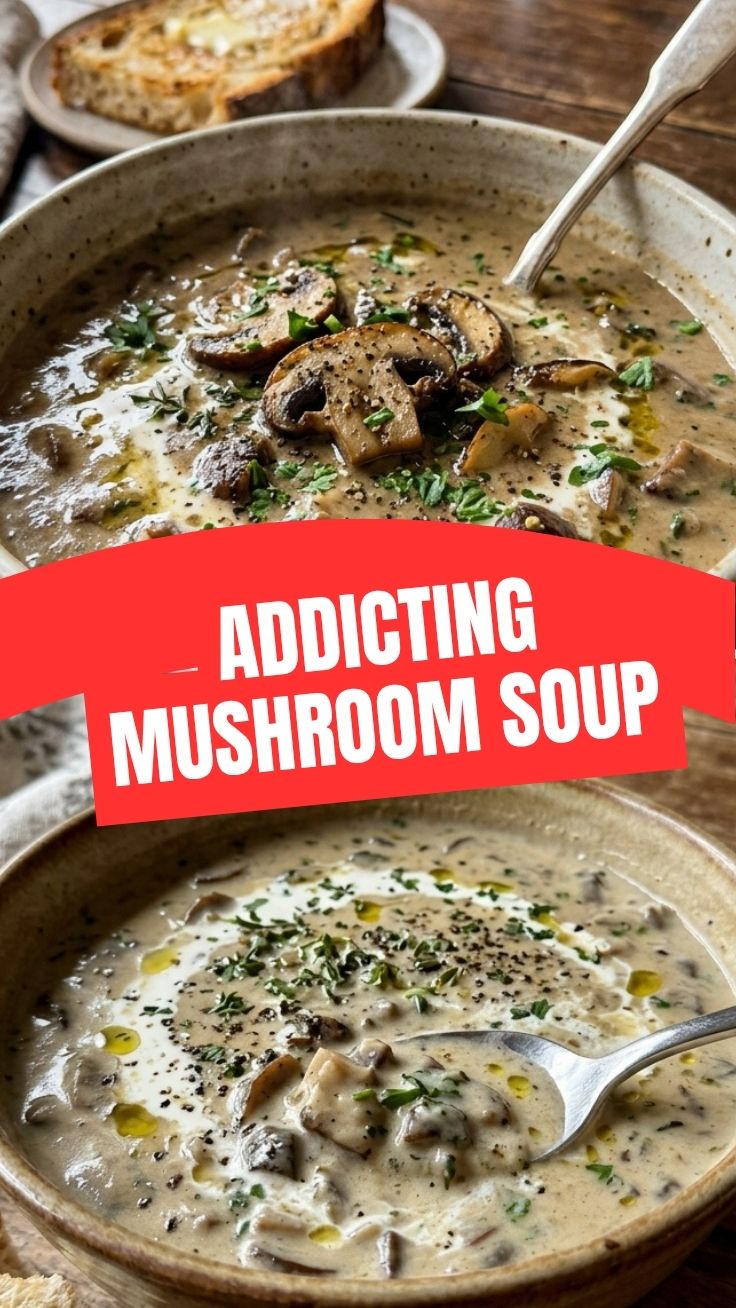 Homemade Creamy Mushroom Soup with Herb Garnish A bowl of creamy mushroom soup garnished with fresh herbs and drizzled with cream, set on a rustic wooden table.