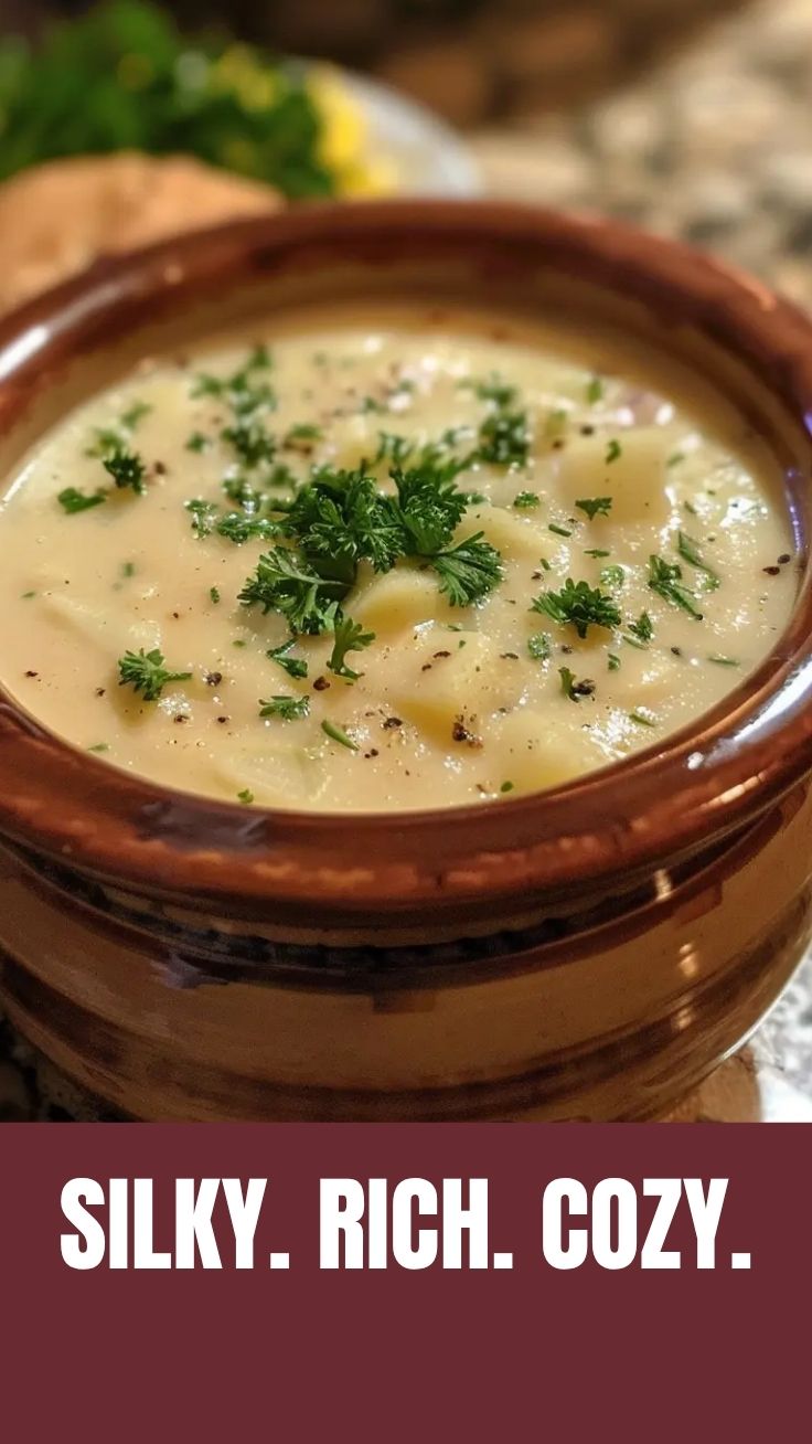 A bowl of rich creamy potato soup with herbs