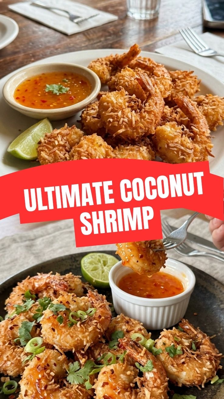 Crispy golden coconut shrimp on a white plate with dipping sauce
