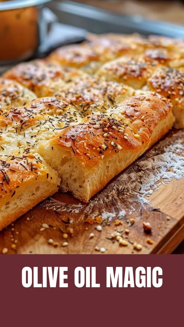 A golden-crusted focaccia bread with herbs and dimples.