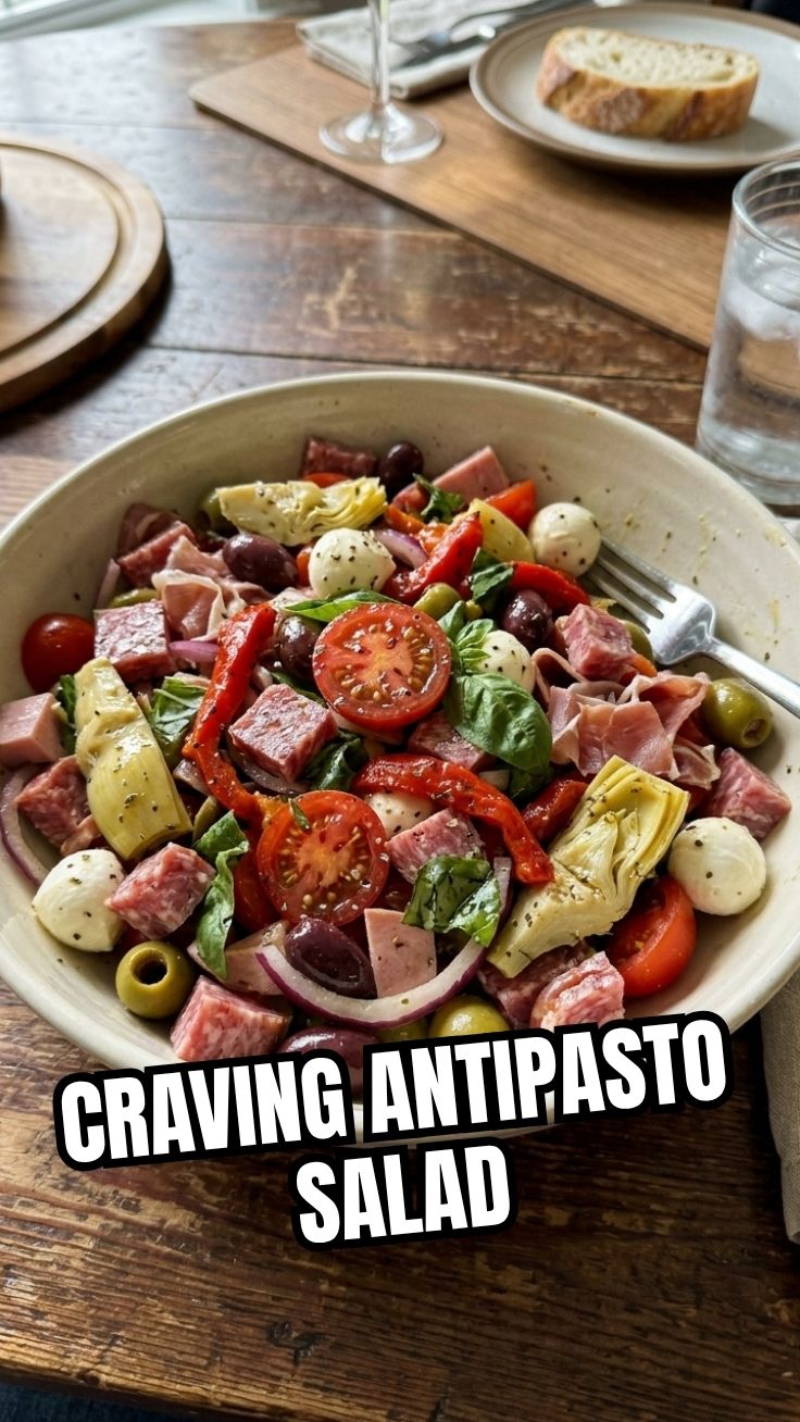 Fresh antipasto salad in a bowl with colorful vegetables and mozzarella
