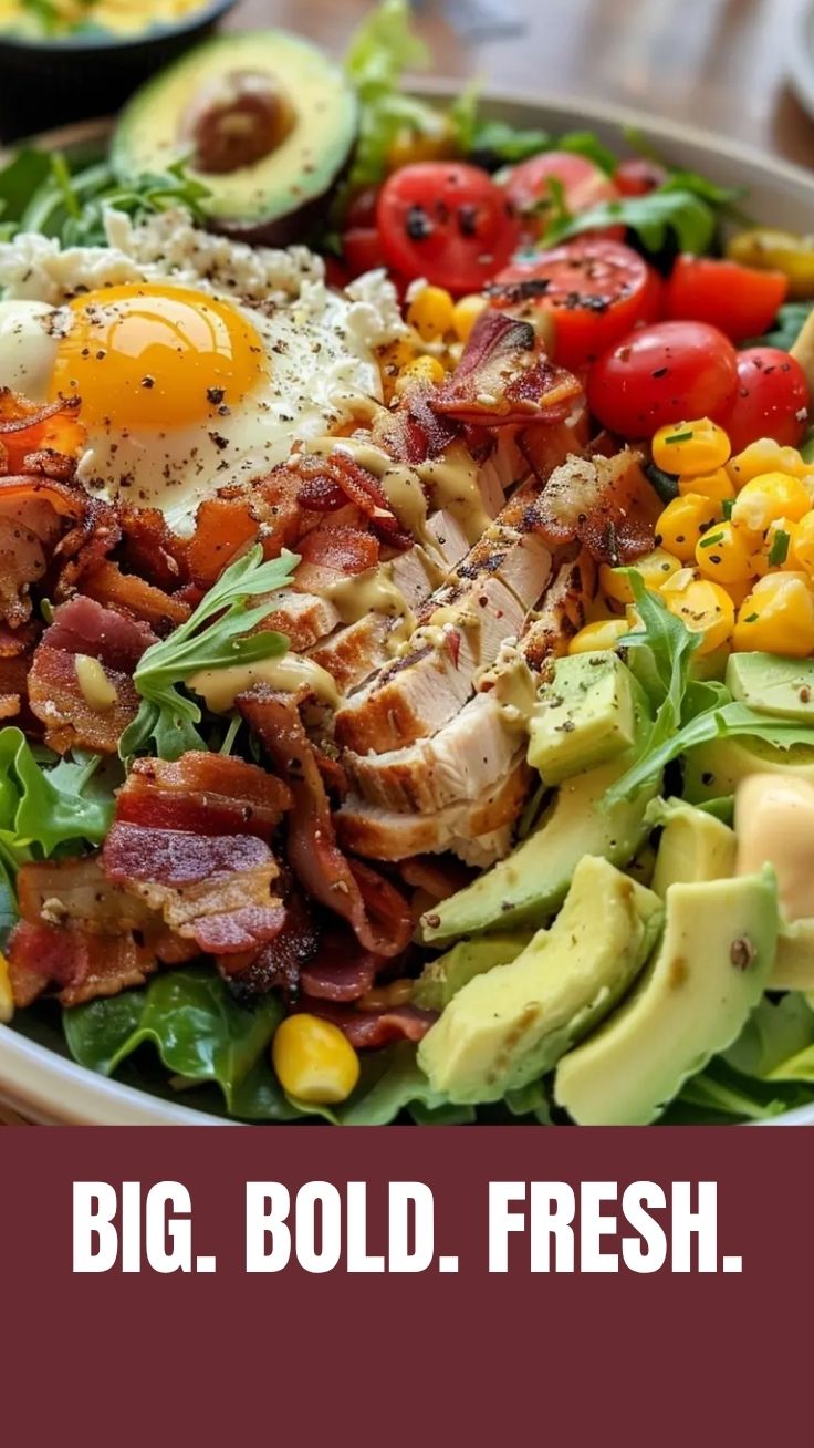 A vibrant Cobb salad with rows of fresh ingredients