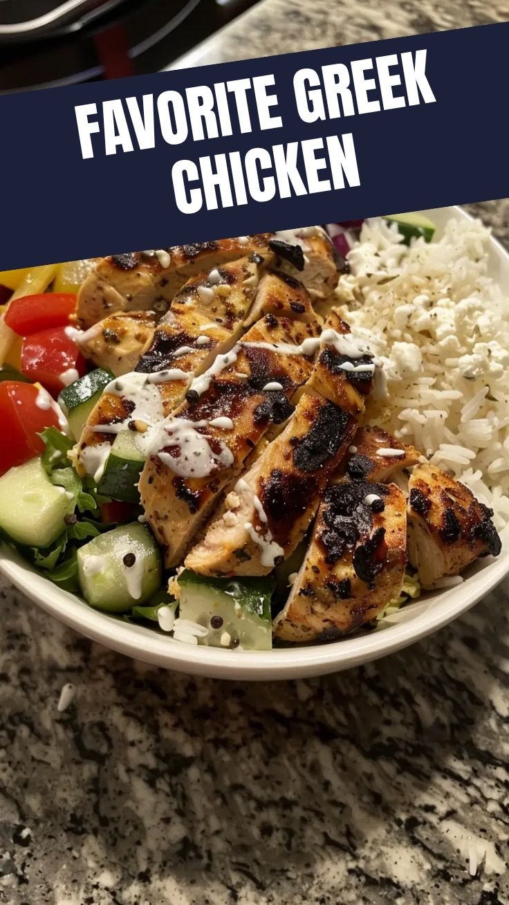A vibrant Greek chicken bowl with fresh vegetables and feta cheese