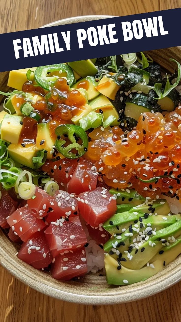 A vibrant poke bowl filled with fresh ingredients like salmon, avocado, and rice.