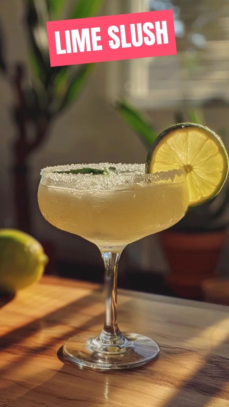 A refreshing frozen margarita in a salt-rimmed glass, garnished with a lime slice.