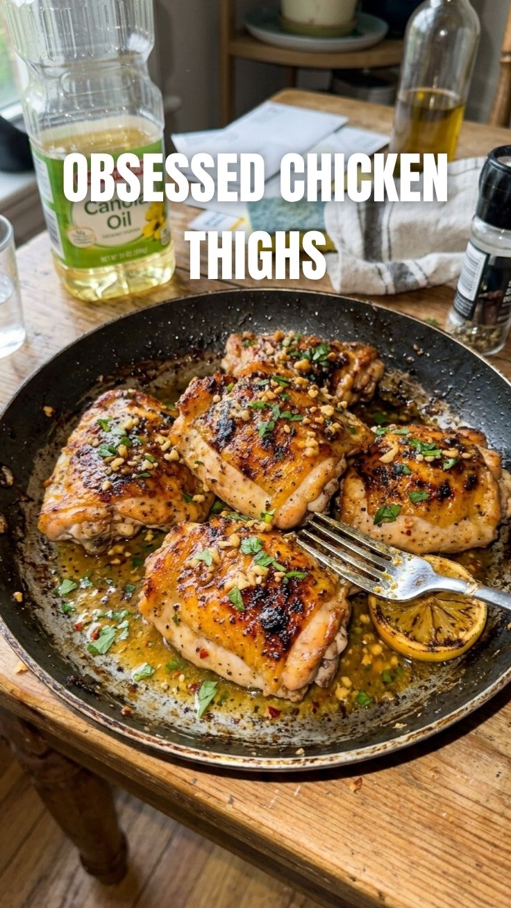 Garlic butter chicken thighs with crispy skin and fresh herbs