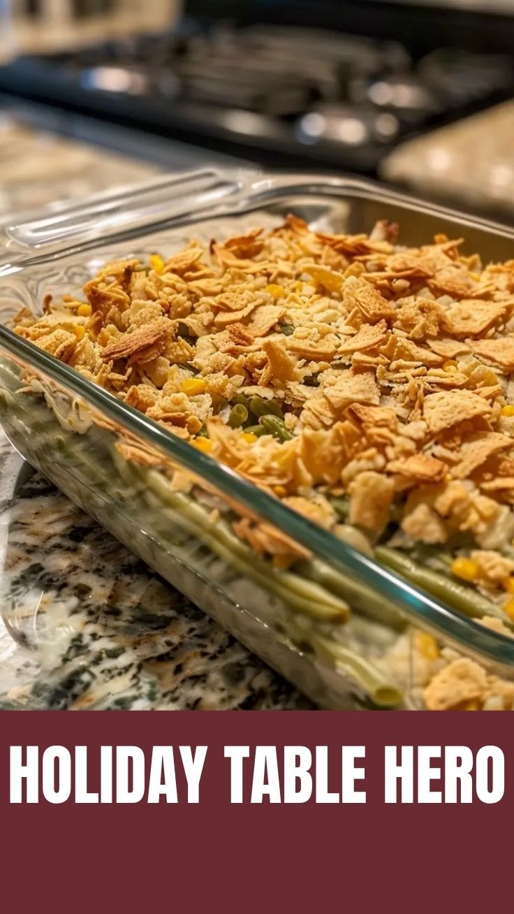 A savory green bean casserole topped with crispy fried onions on a white dish