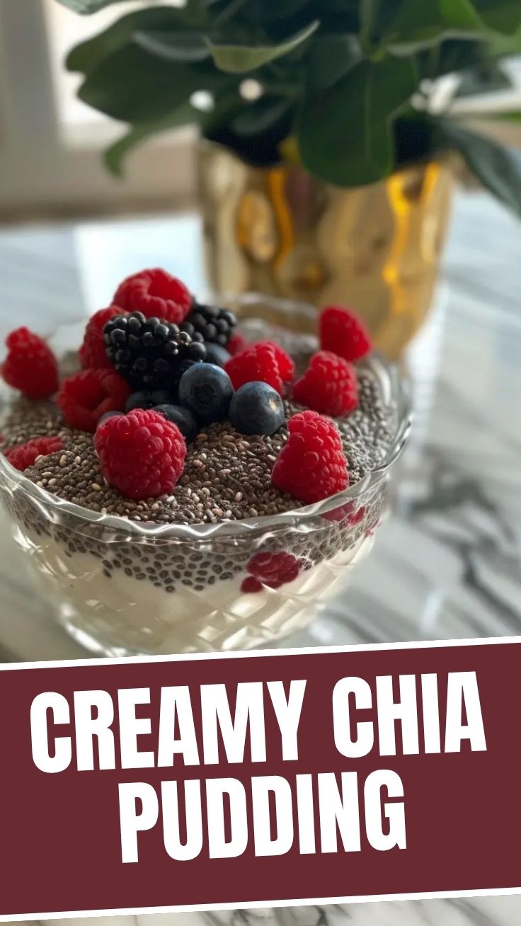 A bowl of healthy chia pudding, topped with fresh berries and nuts.