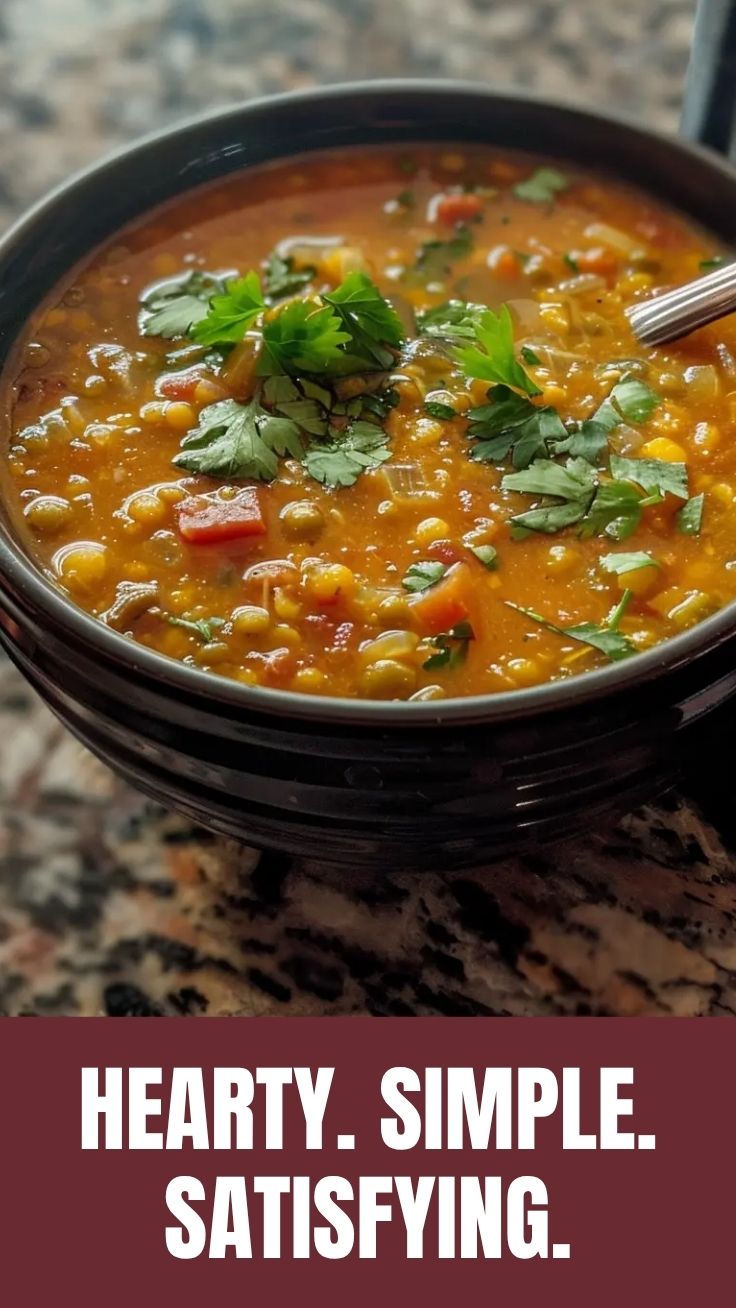 A steaming bowl of hearty lentil soup garnished with herbs.