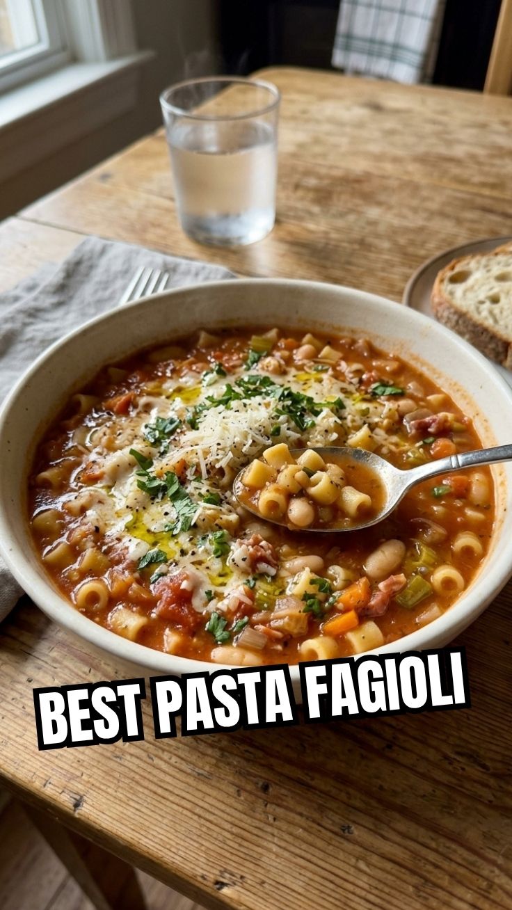 A steaming bowl of hearty Pasta Fagioli soup