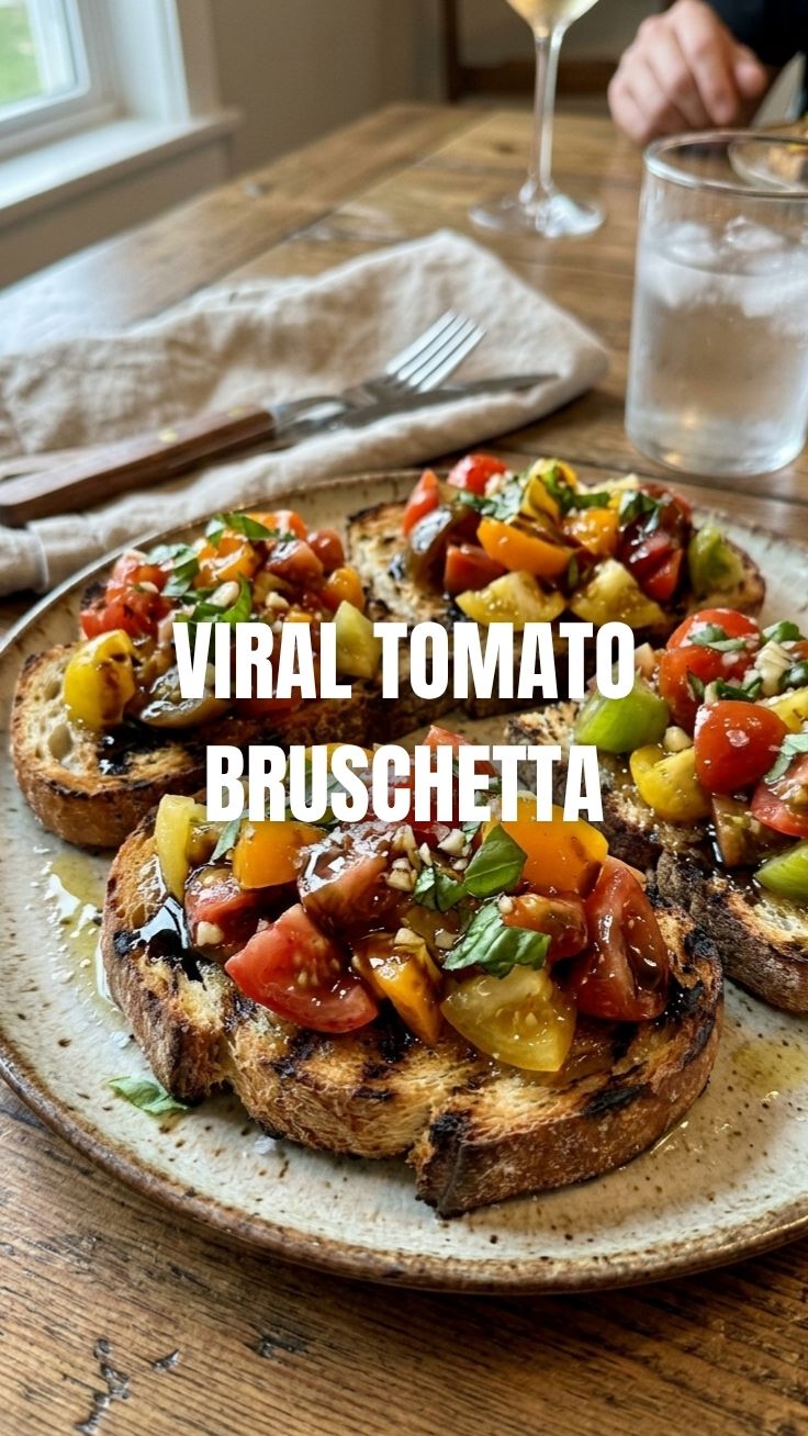 Heirloom tomato bruschetta with fresh basil on toasted bread
