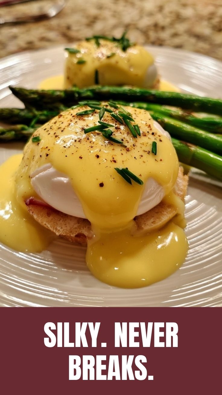 A serving of rich, golden hollandaise sauce in a pristine white ramekin.