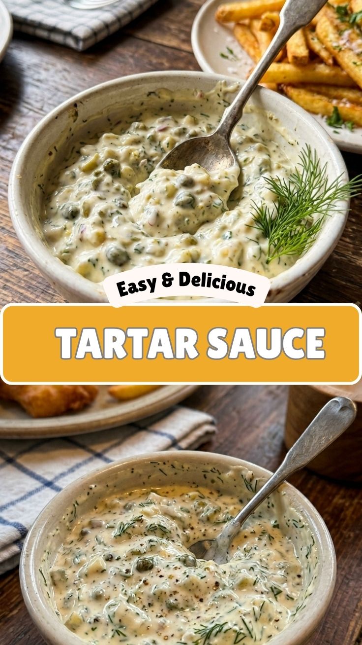 A close-up of a bowl of creamy homemade tartar sauce garnished with fresh dill.