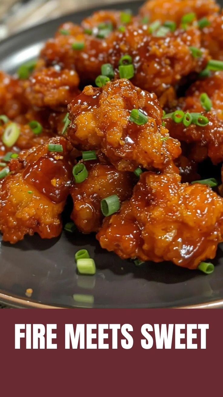 A plate of crispy hot honey chicken drizzled with a rich amber sauce