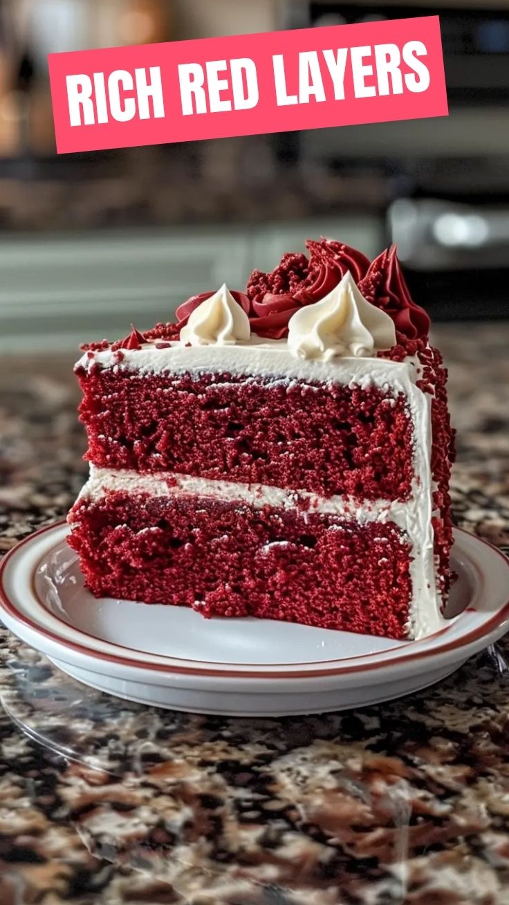 A vibrant Juneteenth Red Velvet Cake topped with cream cheese frosting