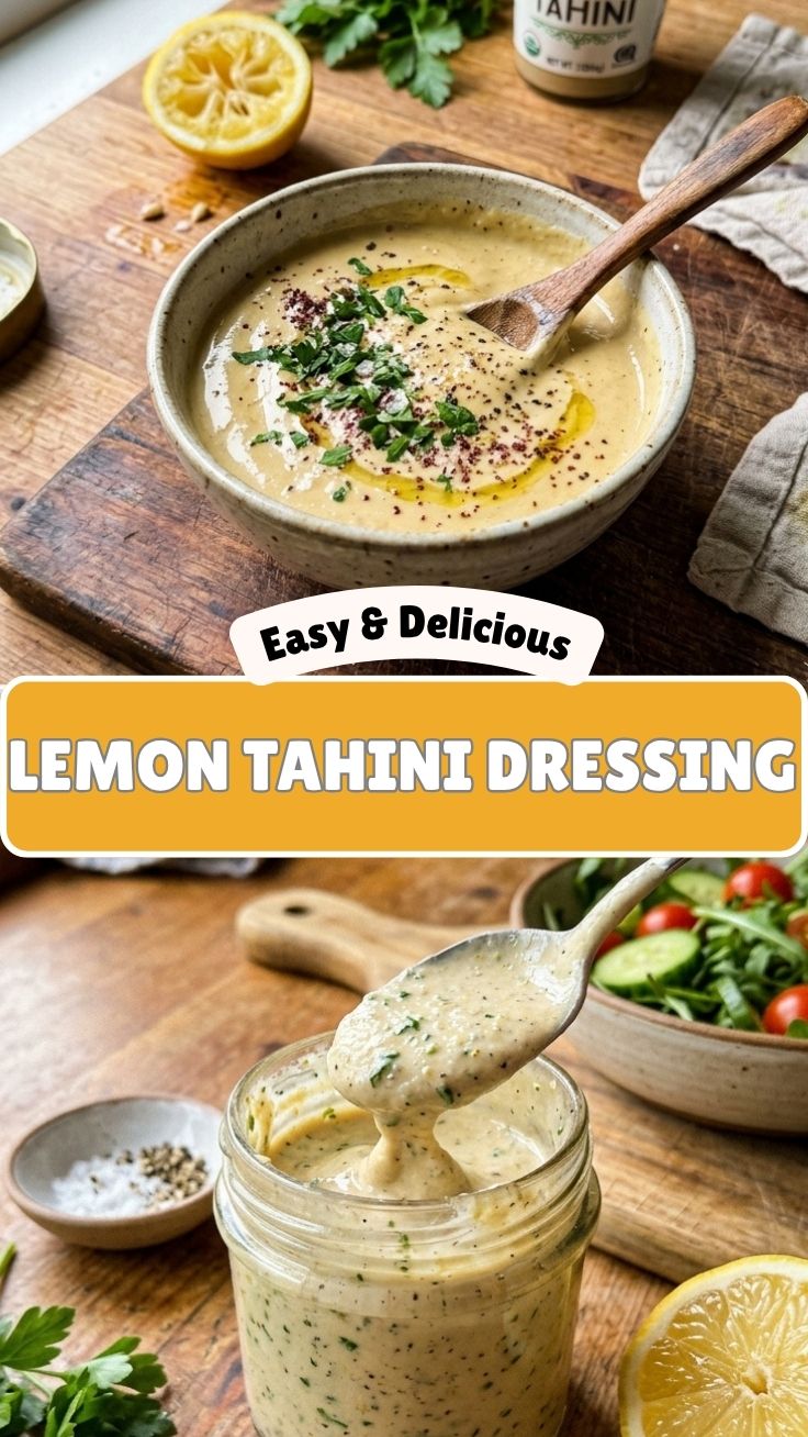 A bowl of smooth lemon tahini dressing, perfect for salads.