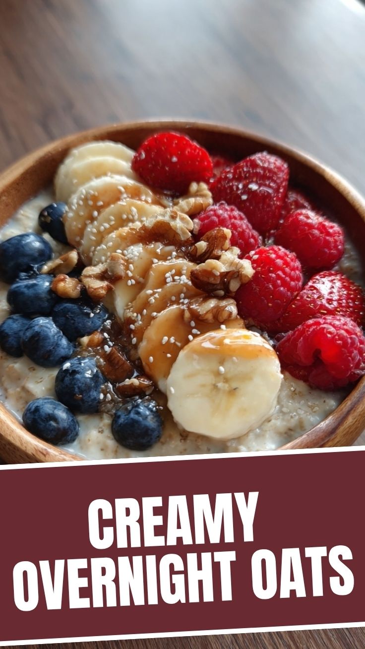A clear glass jar filled with layered overnight oats, topped with fresh berries and a drizzle of honey