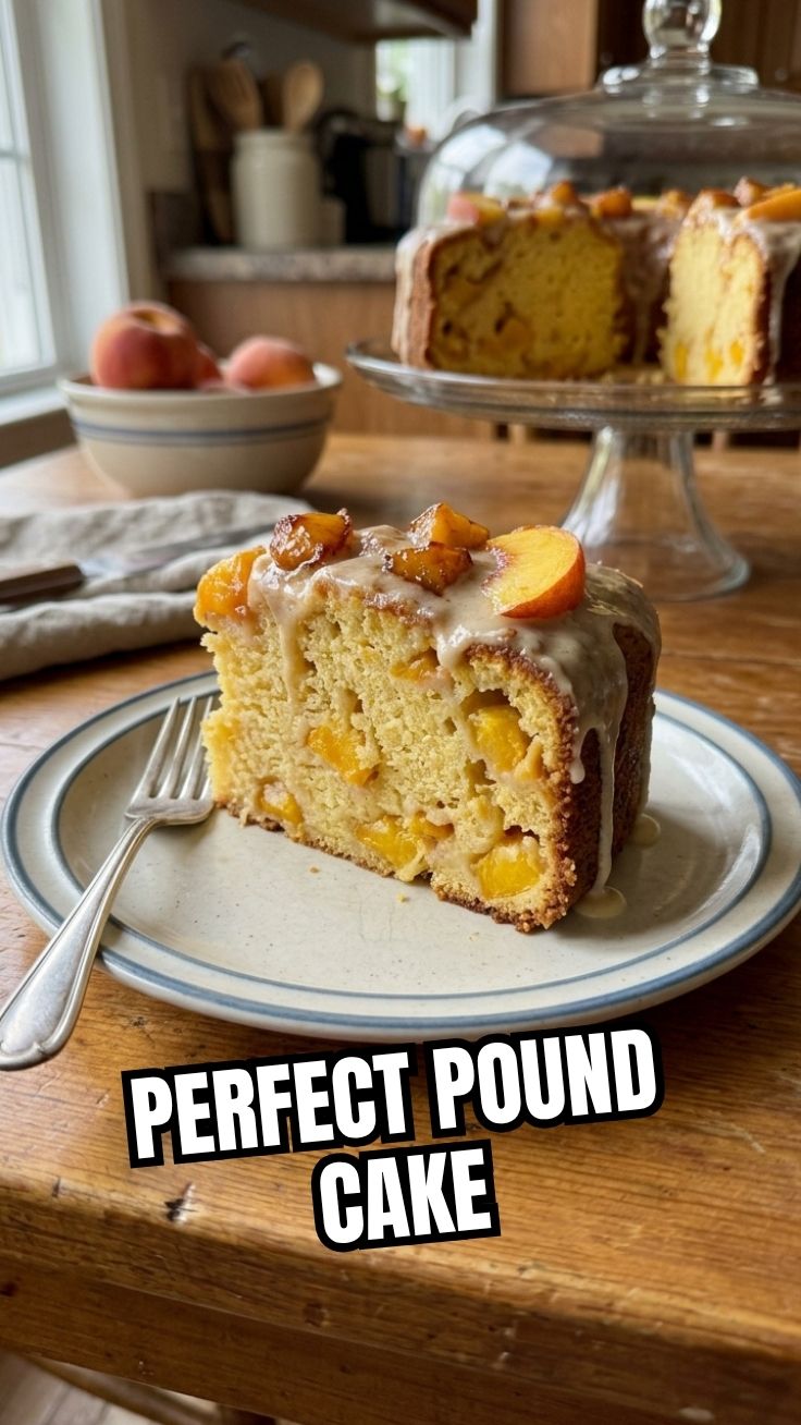 Perfectly baked Peach Pound Cake on a cooling rack