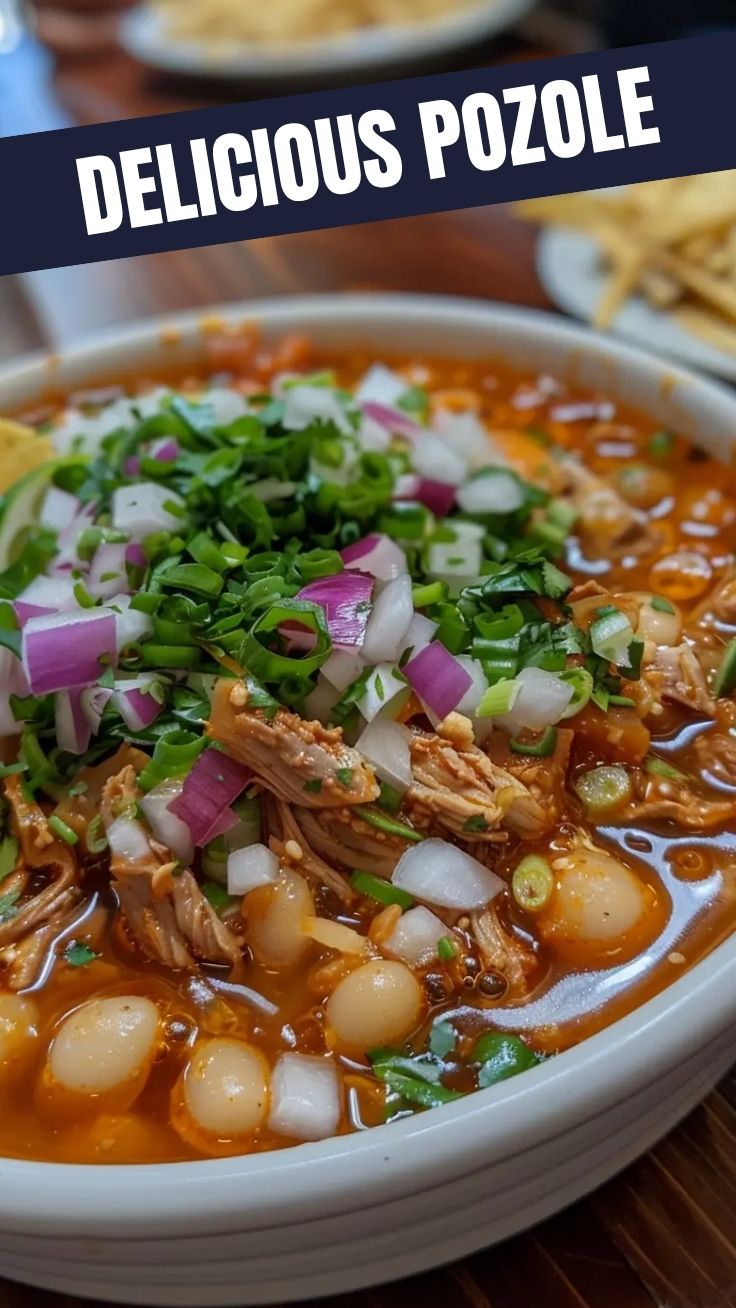 A steaming bowl of traditional pozole soup garnished with radish and lime.