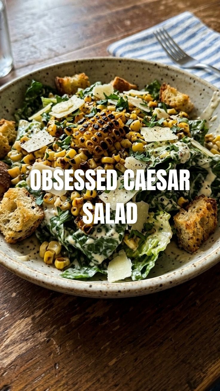 Roasted corn caesar salad with croutons and Parmesan