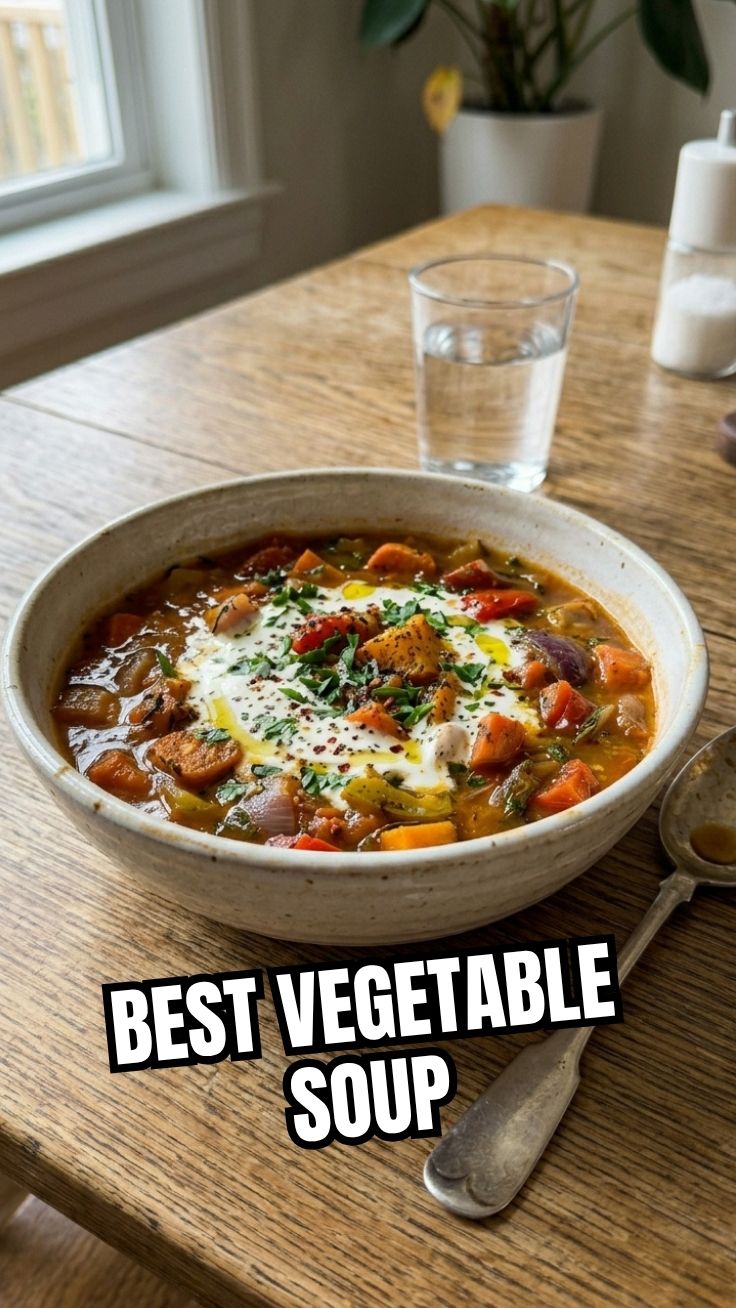 Roasted vegetable soup with fresh herbs, served in a rustic bowl
