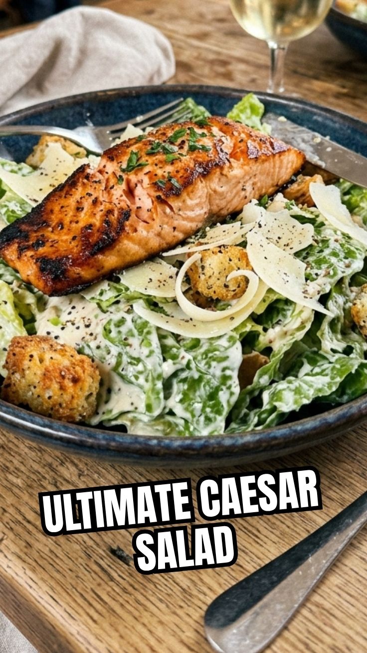 Fresh Salmon Caesar Salad with vibrant greens and golden-brown salmon