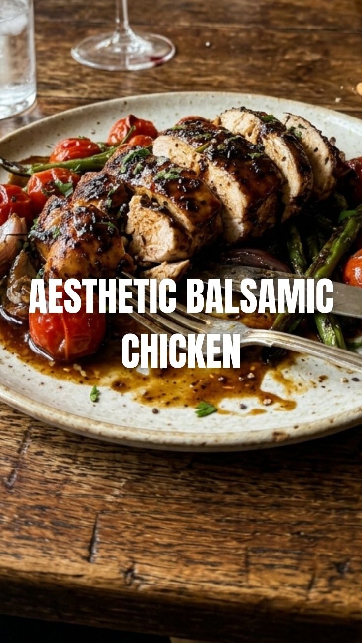 Savory Balsamic Chicken with glaze drizzled over golden browned breasts