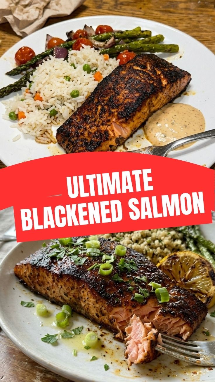 A perfectly cooked blackened salmon fillet with a crispy crust