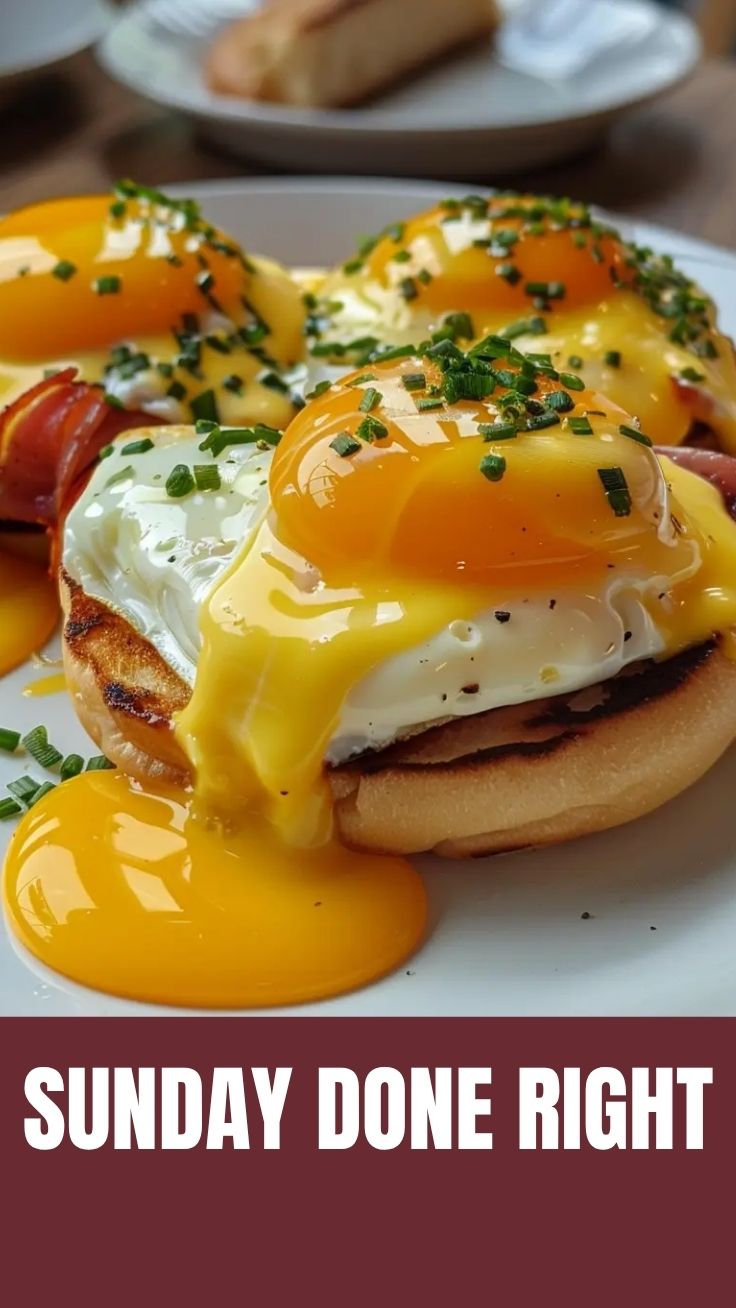 A serving of classic Eggs Benedict with perfectly poached eggs and hollandaise sauce.