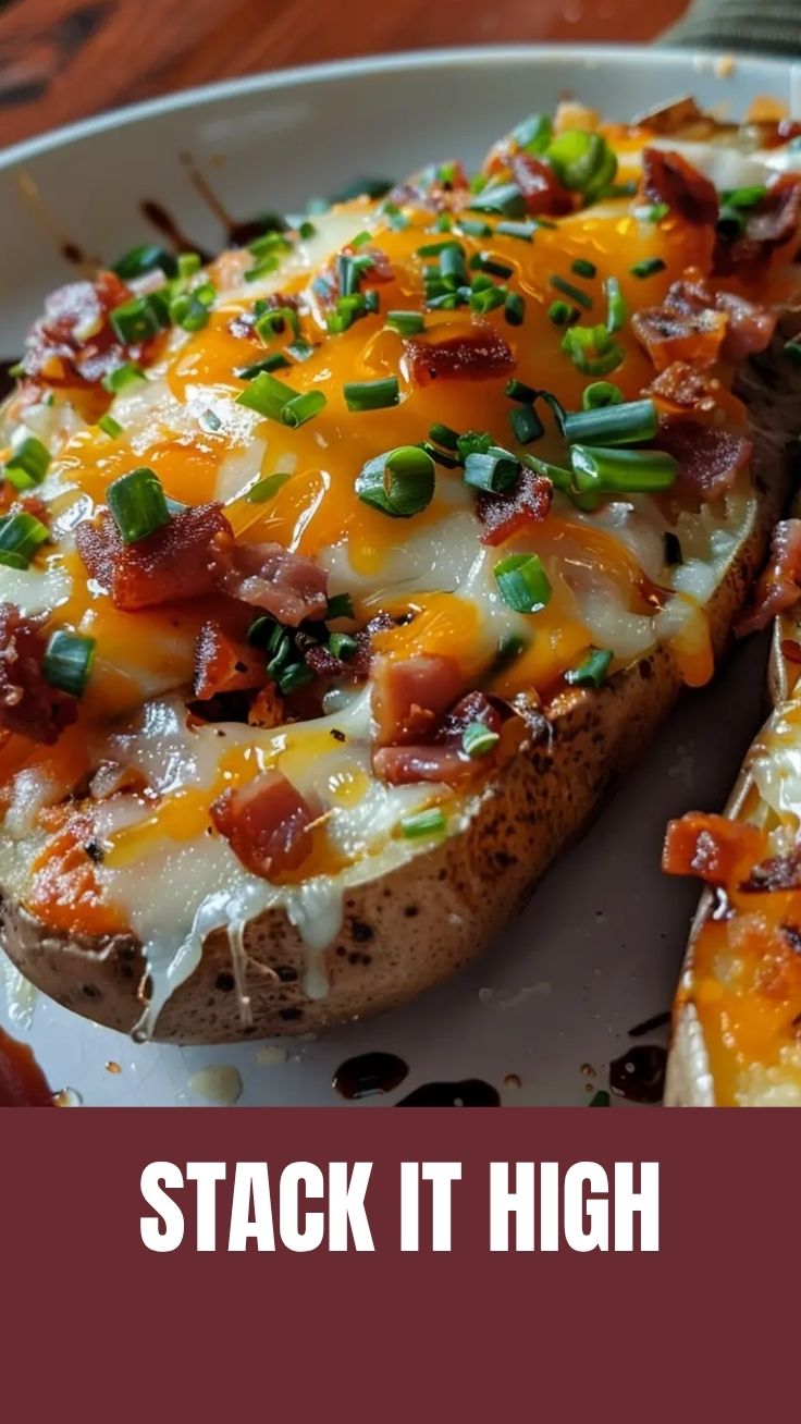 A loaded baked potato topped with cheese, bacon, and chives