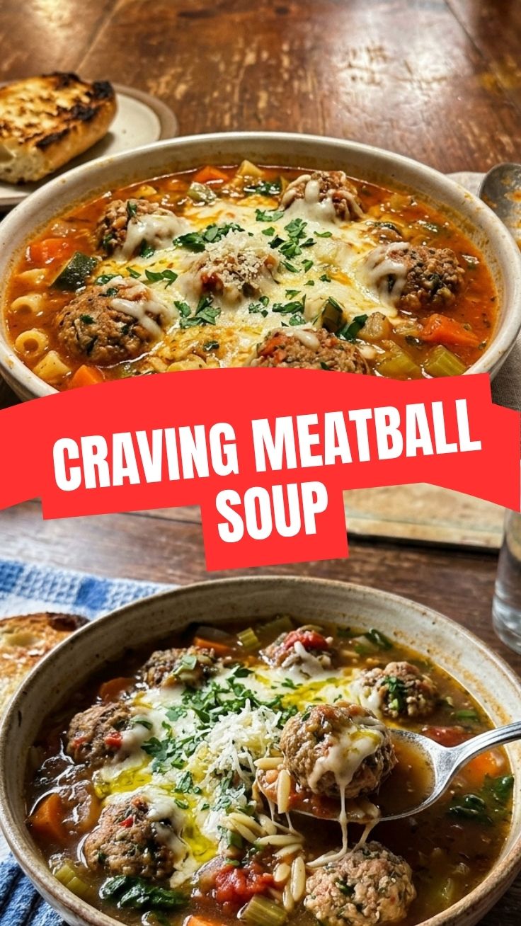 Savory Italian meatball soup in a bowl with fresh herbs