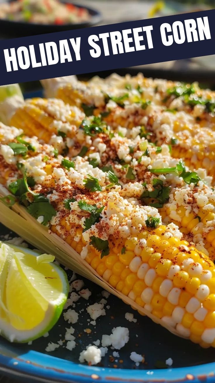 Close-up of a grilled street corn cob generously topped with cojita cheese, mayonnaise, and chili powder